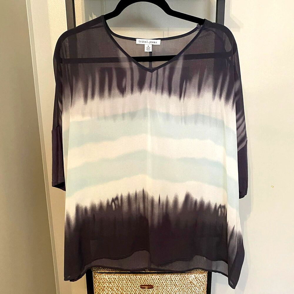 Tribal Jeans Semi-Sheer Ombre Tunic Top Purple Blue V-Neck Size M